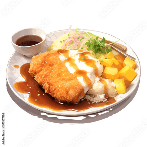 Watercolor Japanese Chicken Katsu Curry Illustration - Crispy Fried Cutlet with Rice, Tonkatsu Sauce, and Vegetables
