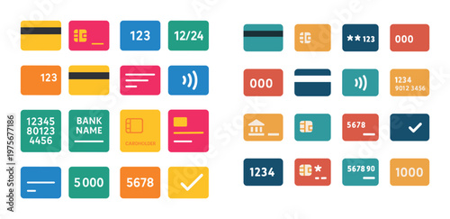 Array of colorful credit card designs and numeric detail elements