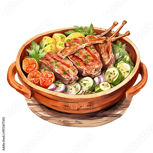 Watercolor Roasted Lamb Chops in Clay Pot - Traditional Meat Platter with Potatoes and Grilled Vegetables Clipart
