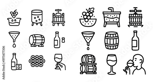 Wine production and tasting icons arranged in horizontal rows