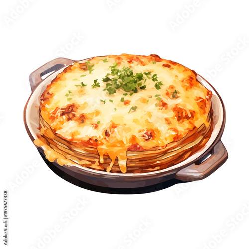 Watercolor Beef Lasagna in Baking Dish - Traditional Italian Layered Pasta with Melted Cheese and Parsley
