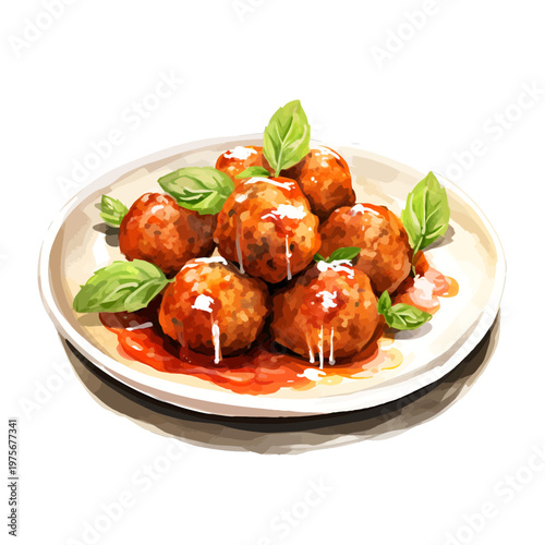 Watercolor Italian Meatballs in Tomato Sauce - Traditional Polpette with Fresh Basil Clipart Illustration
