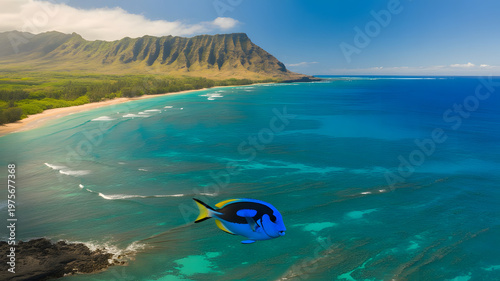 Aerial panorama of the West coast of Oahu, area of Papaoneone beach. Hawaii, USA. A blue fish in the water at the coast. aerial view of a tropical island.