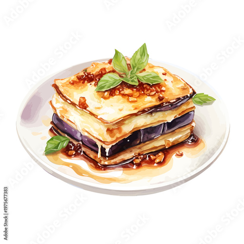 Watercolor Eggplant Parmigiana Illustration - Traditional Italian Melanzane alla Beka Clipart with Basil and Tomato Sauce
