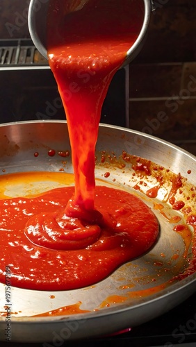A red sauce being poured into a metal pan on a stove