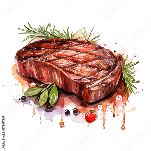 Watercolor Grilled Beef Steak with Rosemary and Peppercorns - Gourmet Ribeye Clipart Illustration Isolated on White
