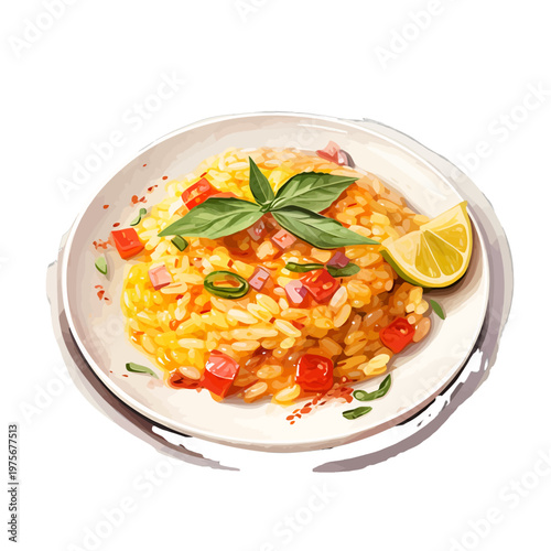 Watercolor Vegetable Risotto with Basil and Lime - Healthy Italian Rice Pilaf Illustration Isolated on White
