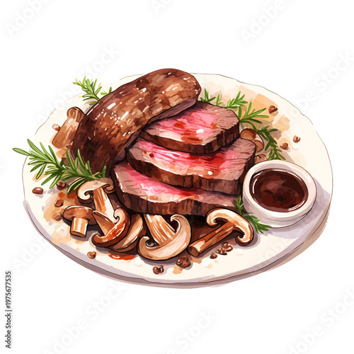 Watercolor Sliced Roast Beef with Mushrooms and Gravy - Gourmet Beef Tenderloin Illustration Clipart Isolated on White
