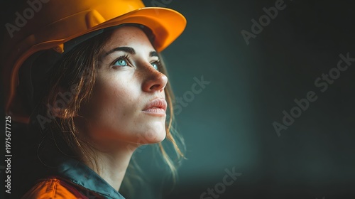 A construction worker woman wearing a hard hat looks up hopefully outdoors.