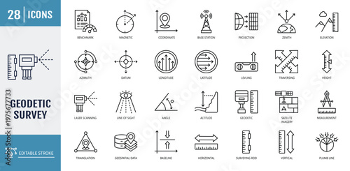 Geodetic survey icon set. Icons related to survey, datum, benchmark, elevation, latitude, longitude, coordinate, topography, azimuth. Outline icon set. Vector illustration with editable stroke