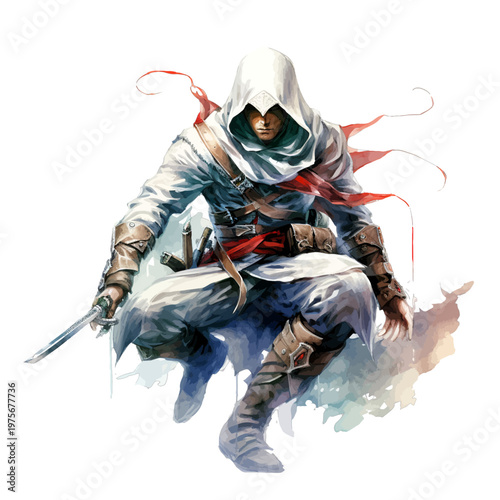 Fantasy Hooded Assassin in White Robes with Hidden Blade - Stealth Warrior Watercolor Clipart Illustration
