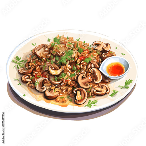 Watercolor Mushroom Risotto Clipart - Healthy Italian Rice Pilaf Illustration with Garnish on White Background
