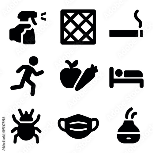 Health and hygiene icons arranged on white square background