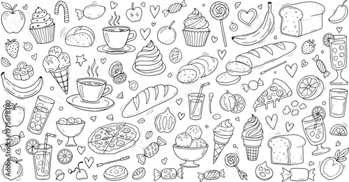 Black and white illustration of various food and drink items