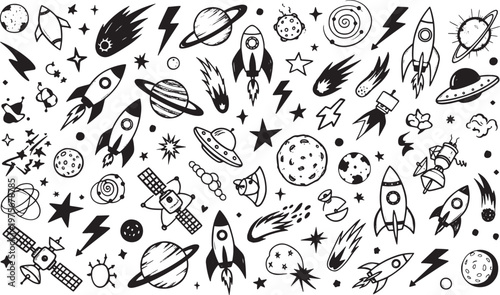 Black and white illustration of various space objects