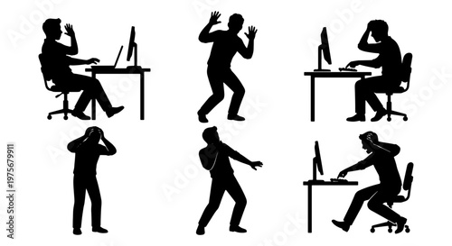 Stressed office worker silhouettes, frustrated businessman at computer desk, set of 6 angry male employee icons, burnout and work pressure concept