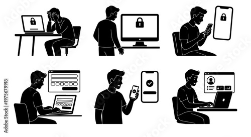 Cybersecurity silhouette icons set, man using two-factor authentication on laptop and smartphone, data privacy and account security vector