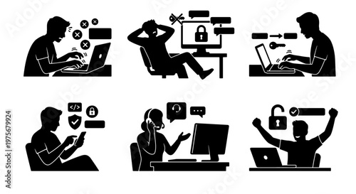 Cybersecurity silhouette icons set, computer security and data protection concepts, hackers and IT professionals working on laptops and desktop PCs