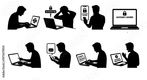 Cybersecurity account locked silhouette set, frustrated man with blocked laptop and smartphone access, 8 vector icons for login security