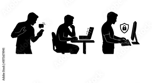 Cybersecurity silhouette icons of man using computer and smartphone, black vector set of male programmer working on laptop with data protection shield