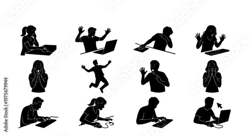 Frustrated office worker silhouettes, set of 12 black and white vector icons, stressed employees at computers, angry people in workplace