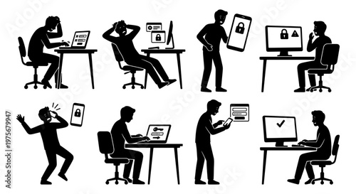Cybersecurity threat silhouette icons, frustrated man with locked computer screen, data breach and account hacking vector set, 8 digital security elements