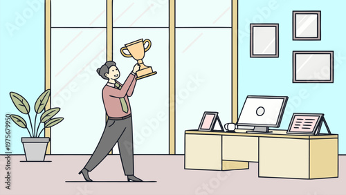 Vector illustration of employee raising trophy in office. Career promotion, workplace success, achievement award, motivation concept, corporate teamwork, and leadership recognition.