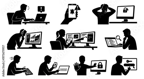 Cyber security silhouette icons set, data breach and hacking concept vector, frustrated office workers with computer security problems and system errors