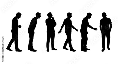 Black male silhouettes in various poses, set of 6 man silhouette vectors, standing and walking male figures, casual men character outlines