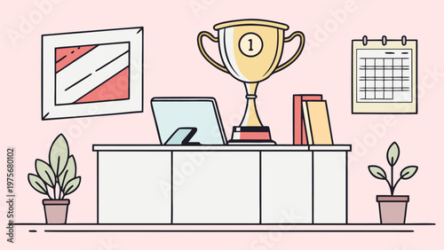 Vector illustration of trophy on office desk with calendar and laptop. Business achievement concept, employee recognition, corporate award, success motivation, and productivity theme.