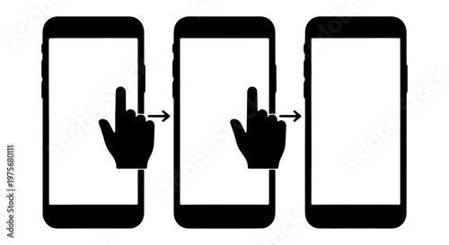 Smartphone touchscreen gesture icons, mobile phone swipe right sequence, hand finger touching screen silhouette, black and white vector set