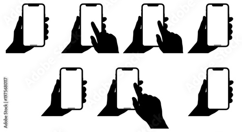 Minimalist smartphone hand gestures silhouette set, mobile phone touchscreen interaction icons, black and white vector device mockups for UI design