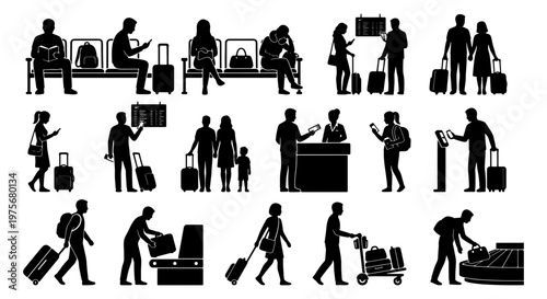Airport passenger silhouettes set, travelers with luggage and suitcases vector, people in terminal waiting area and baggage claim icons