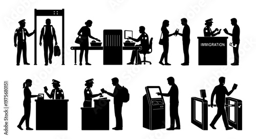 Airport security and immigration silhouettes, black vector set of travelers at customs and passport control, airport terminal passenger screening icons