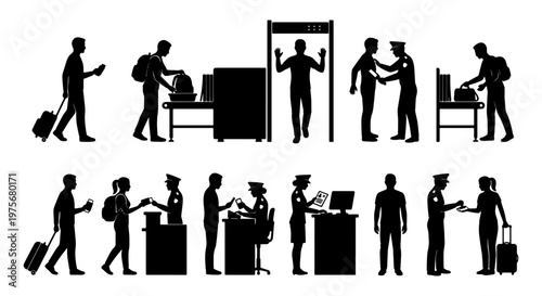 Airport security silhouettes set, passengers at customs and passport control, travelers with luggage at metal detector and xray scanner, vector icons