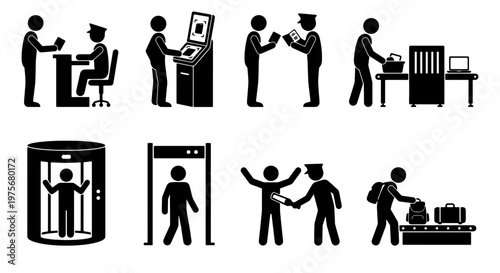 Airport security check icons set, black stick figure silhouettes for travel safety and customs clearance, 8 vector elements for passenger screening