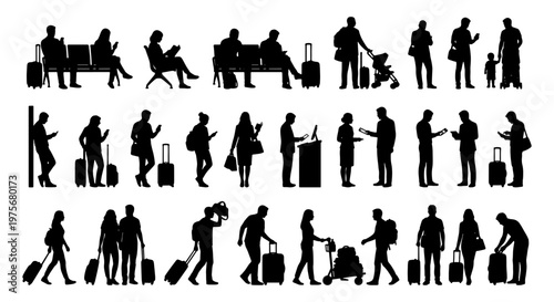 Fotografie Airport passenger silhouettes set, travelers with luggage and suitcases vector c