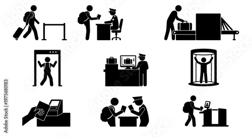 Airport security check icon set, black silhouette travel safety pictograms, passenger immigration and customs screening vector illustrations