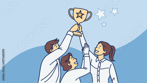 Vector illustration of office team celebrating with trophy. Corporate achievement, teamwork victory, success reward, business motivation, leadership celebration, and goal concept.