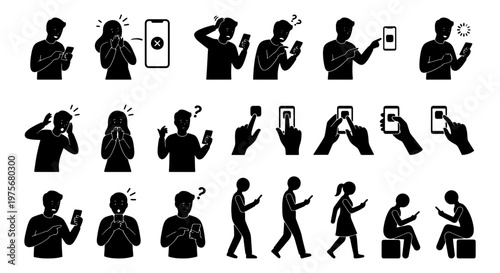 Smartphone addiction silhouette icons, people using mobile phones set, black vector figures of men and women with cellphones, digital life concept