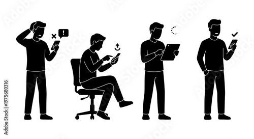 Black silhouette man using smartphone and digital tablet, male character with mobile device set, person browsing internet on phone vector icons
