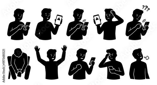 Black silhouette man using smartphone set, male character with mobile phone expressing different emotions, 10 vector icons of person with cellphone