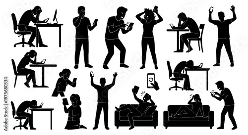 Frustrated people with smartphones silhouette set, angry and stressed characters using mobile phones, 15 black vector icons of digital burnout