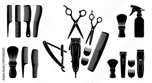 Professional barber shop tool silhouettes, hair salon equipment set with scissors and combs, black grooming accessories vector icons for hairdressing