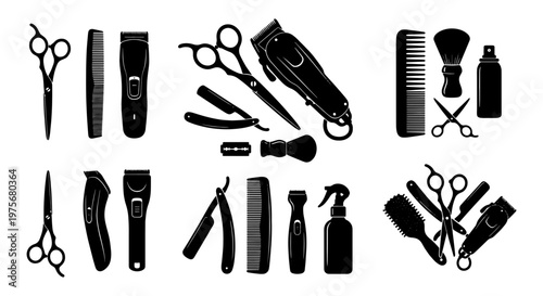 Barber shop tool silhouettes, professional hair salon equipment icons, black vector grooming set with scissors, clippers, and straight razors
