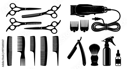 Barber shop tool silhouettes, professional hair salon equipment set, black hair cutting scissors and electric clippers vector icons