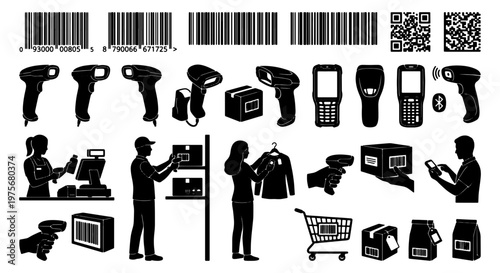 Barcode scanner silhouette icons, retail logistics and warehouse inventory management set, black vector symbols for shipping and point of sale