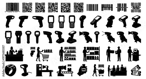 Barcode scanner icon set, retail and logistics silhouettes, handheld laser reader and QR code symbols, 50 vector elements for warehouse and checkout