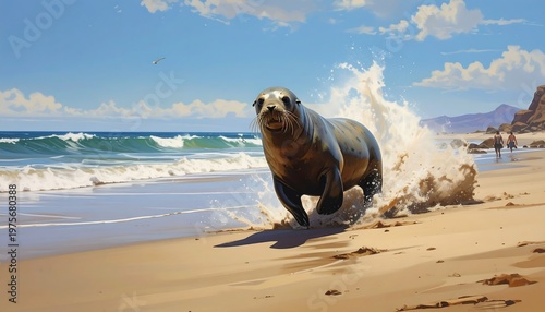 A seal runs along a sandy beach with waves crashing