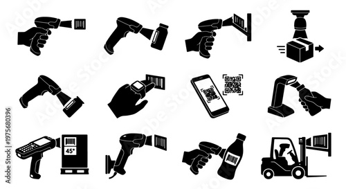 Barcode scanner icon set, 12 logistics and retail scanning vector elements, industrial handheld laser reader symbols for warehouse and inventory management